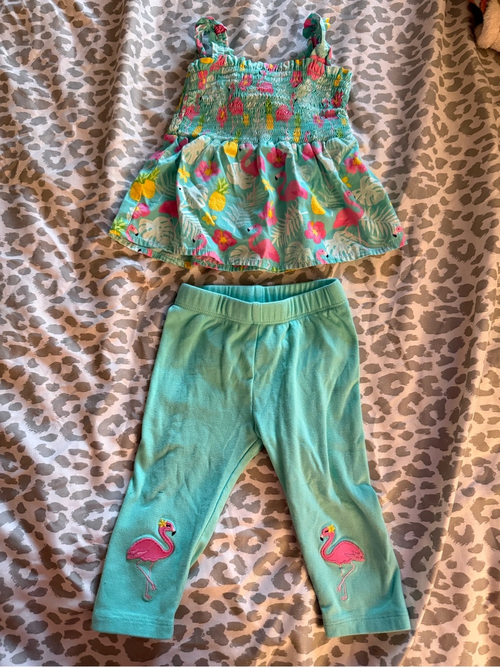 Gymboree Turquoise Pink Yellow Smocked Shirt with Floral Trim w/ matching pants